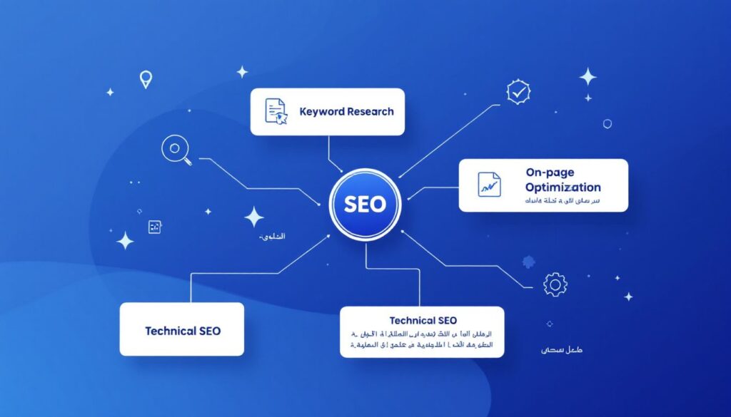Diagram showing key SEO elements for Dubai-based WooCommerce stores, including local SEO tactics and optimization strategies