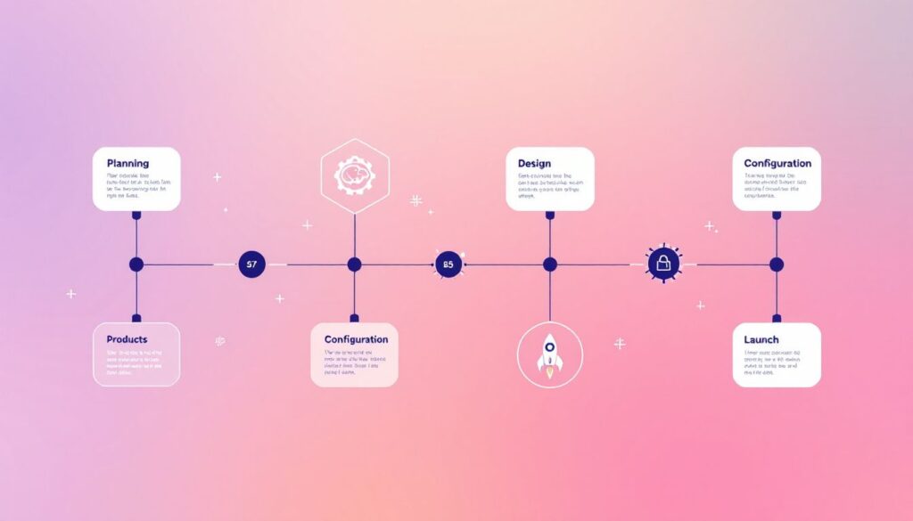 Flowchart illustrating the six main steps to launch a WooCommerce store in Dubai, from planning to launch