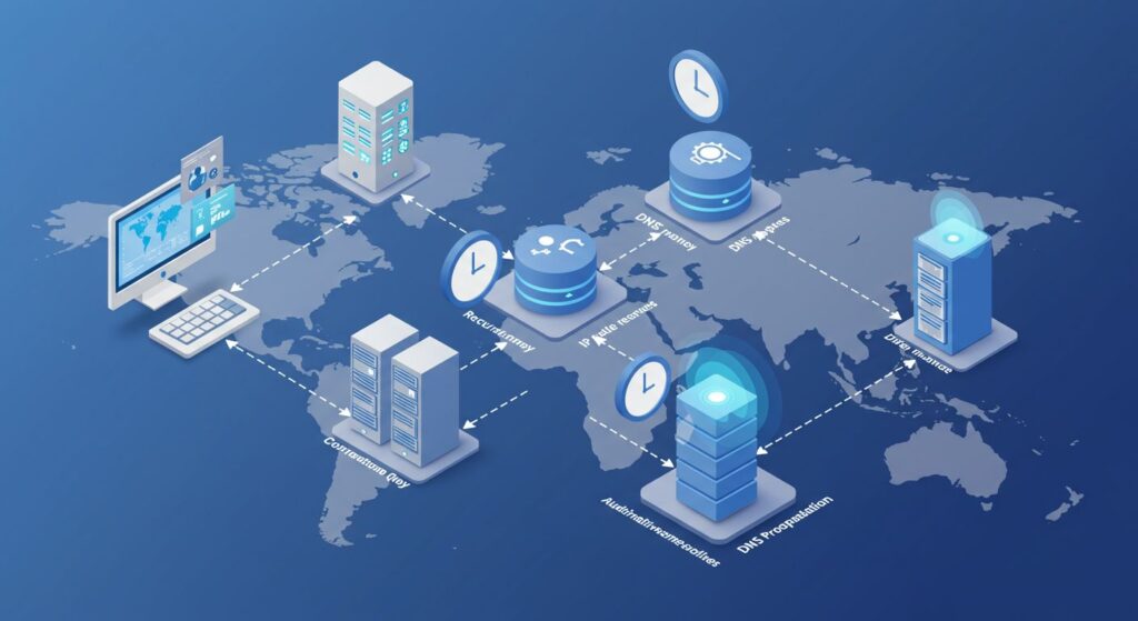 DNS propagation process visualization showing how domains connect to server IP addresses